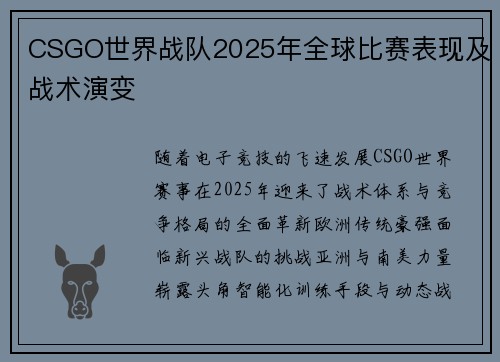 CSGO世界战队2025年全球比赛表现及战术演变