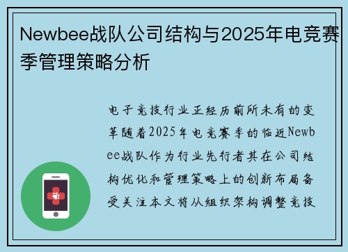 Newbee战队公司结构与2025年电竞赛季管理策略分析