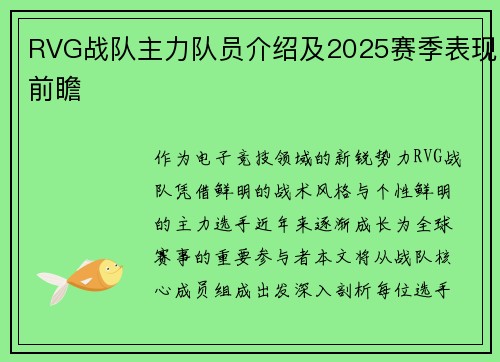 RVG战队主力队员介绍及2025赛季表现前瞻