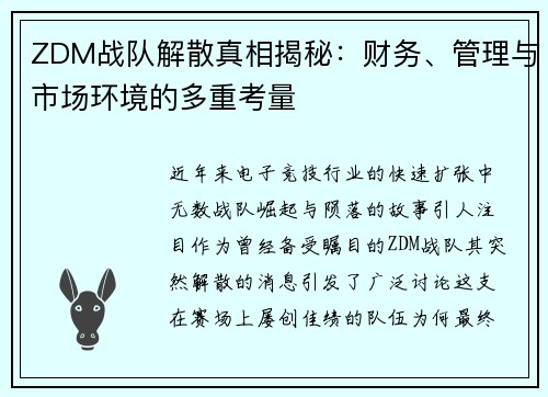ZDM战队解散真相揭秘：财务、管理与市场环境的多重考量